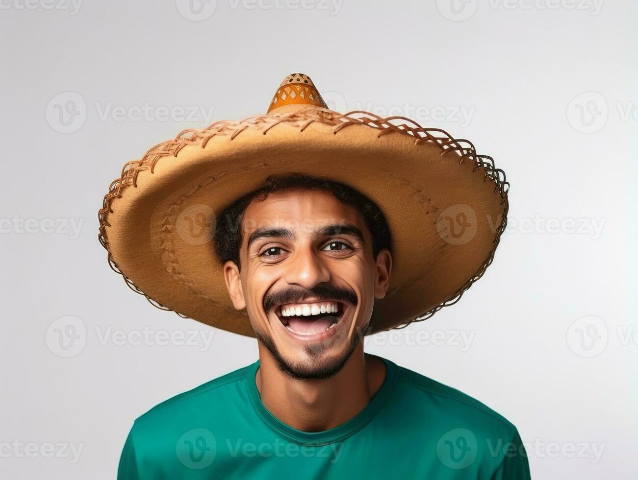 Mexican man in emotional pose on white background AI Generative photo