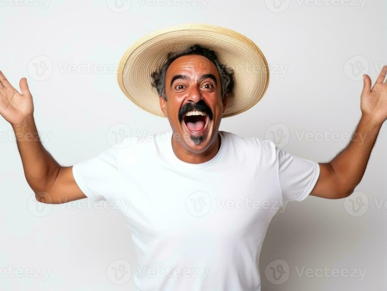 Mexican man in emotional pose on white background AI Generative photo