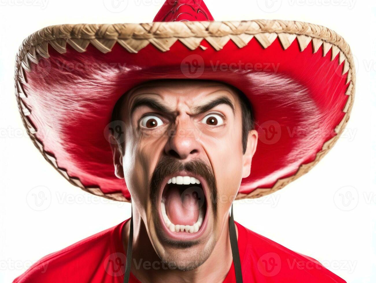 Mexican man in emotional pose on white background AI Generative photo