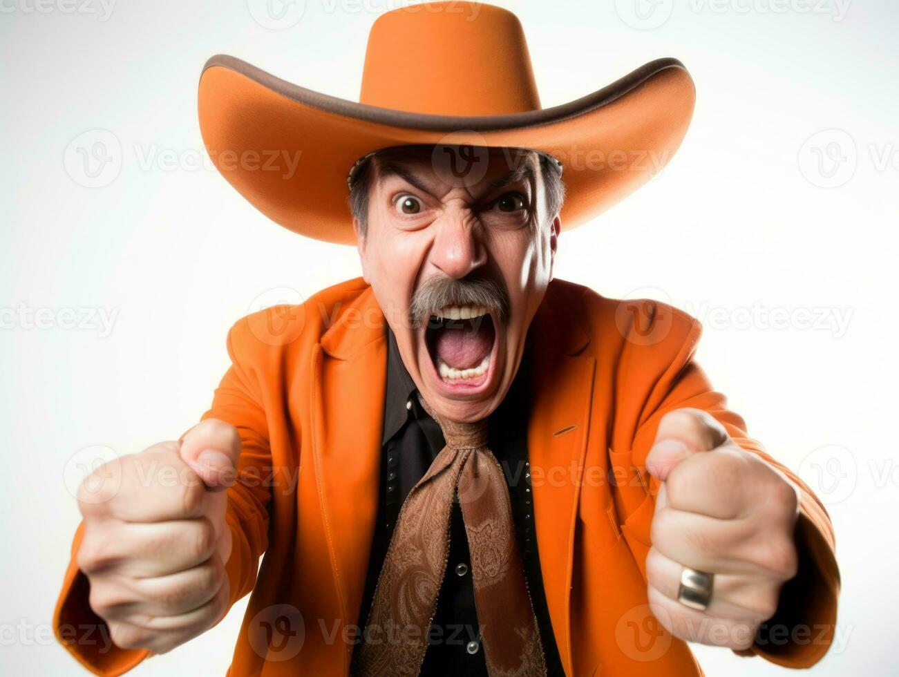 Mexican man in emotional pose on white background AI Generative photo
