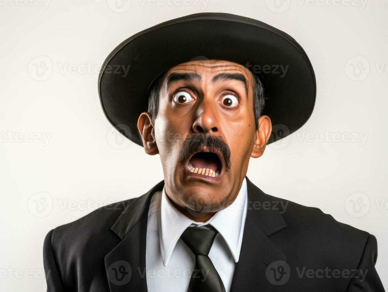 Mexican man in emotional pose on white background AI Generative photo