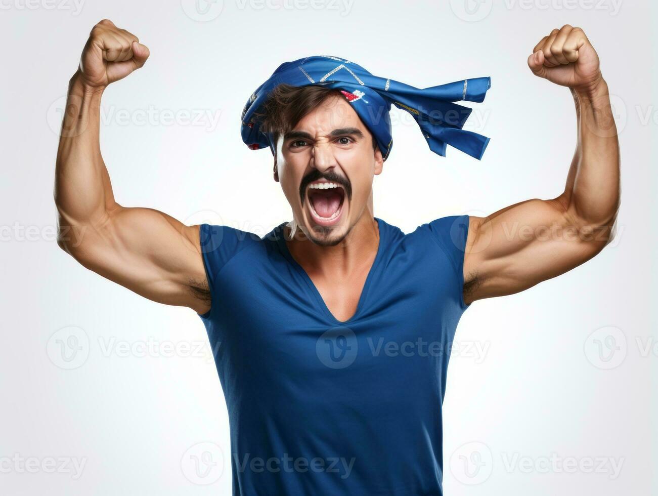 Mexican man in emotional pose on white background AI Generative photo