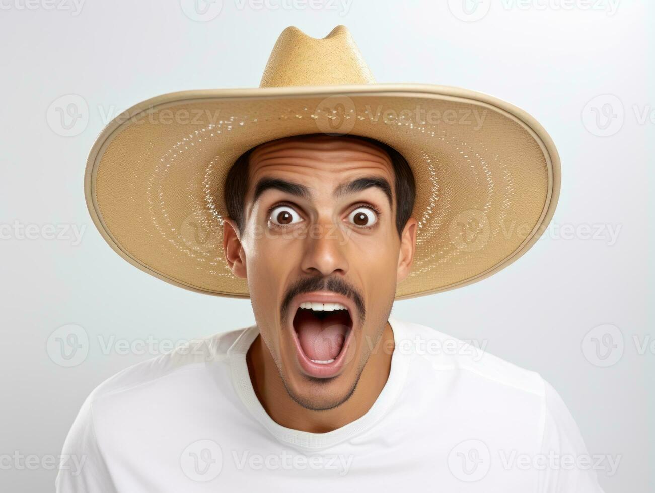 Mexican man in emotional pose on white background AI Generative photo