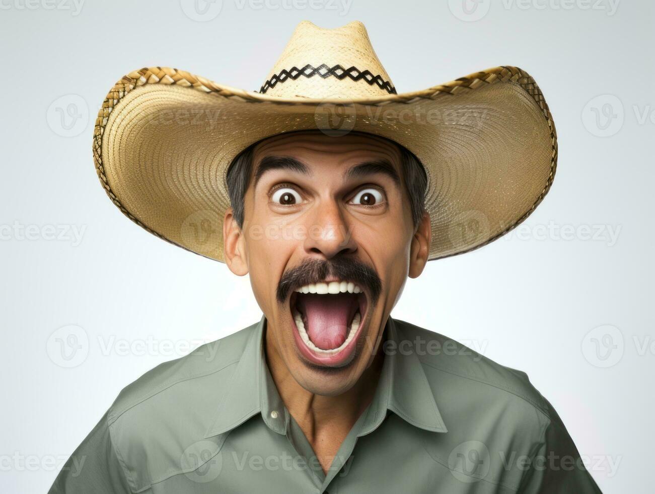 Mexican man in emotional pose on white background AI Generative photo