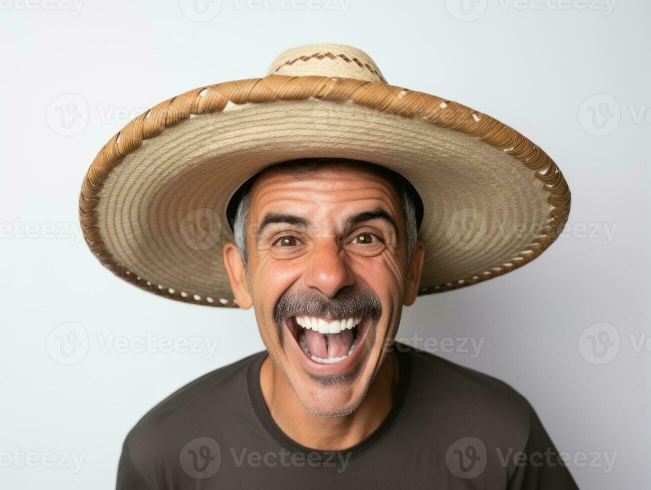Mexican man in emotional pose on white background AI Generative photo