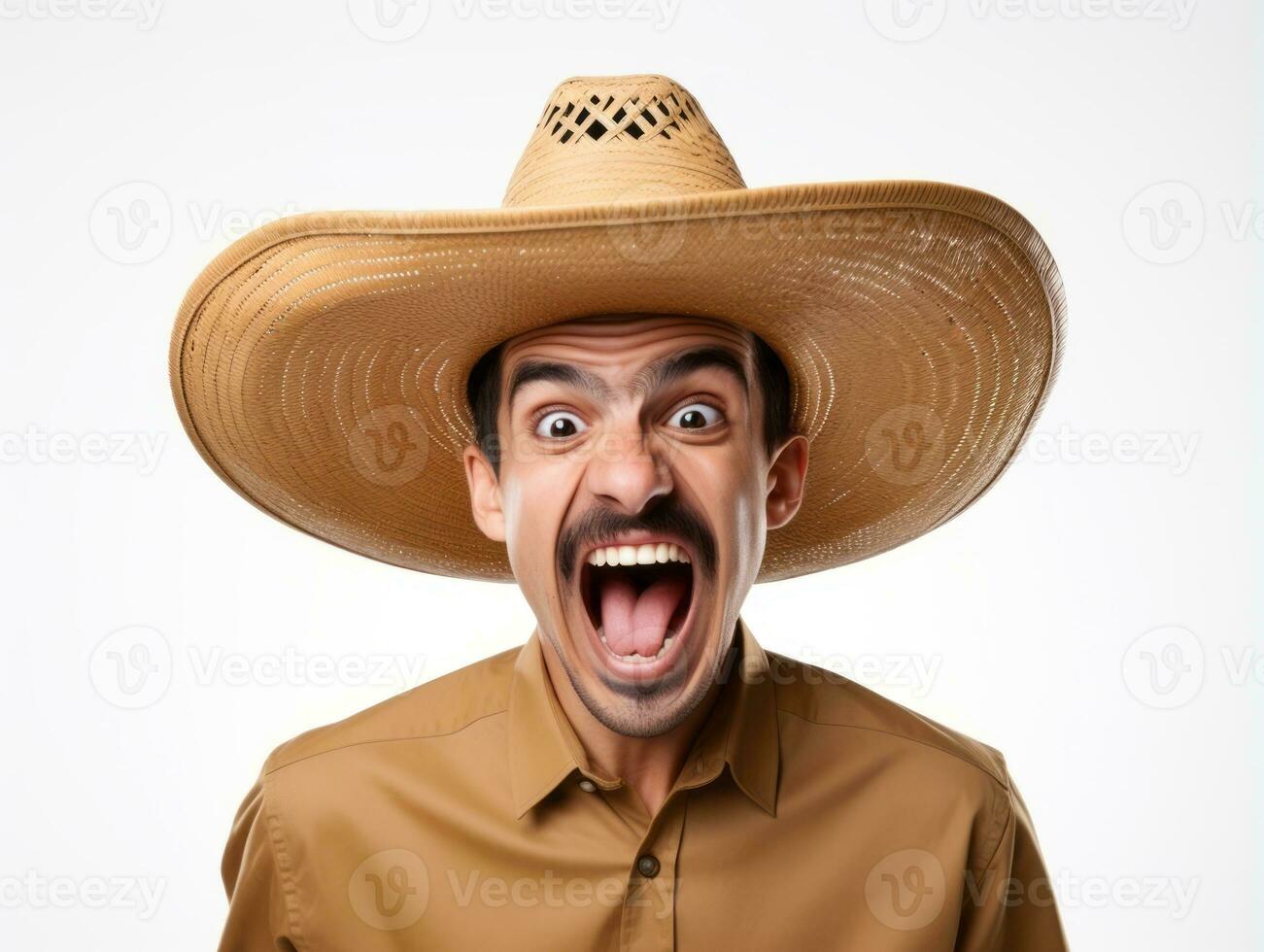 Mexican man in emotional pose on white background AI Generative photo
