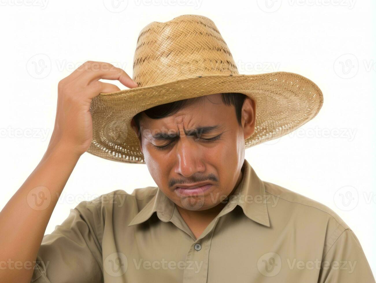 mexicano hombre en emocional actitud en blanco antecedentes ai generativo foto