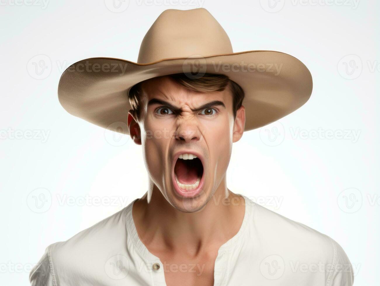 Mexican man in emotional pose on white background AI Generative photo