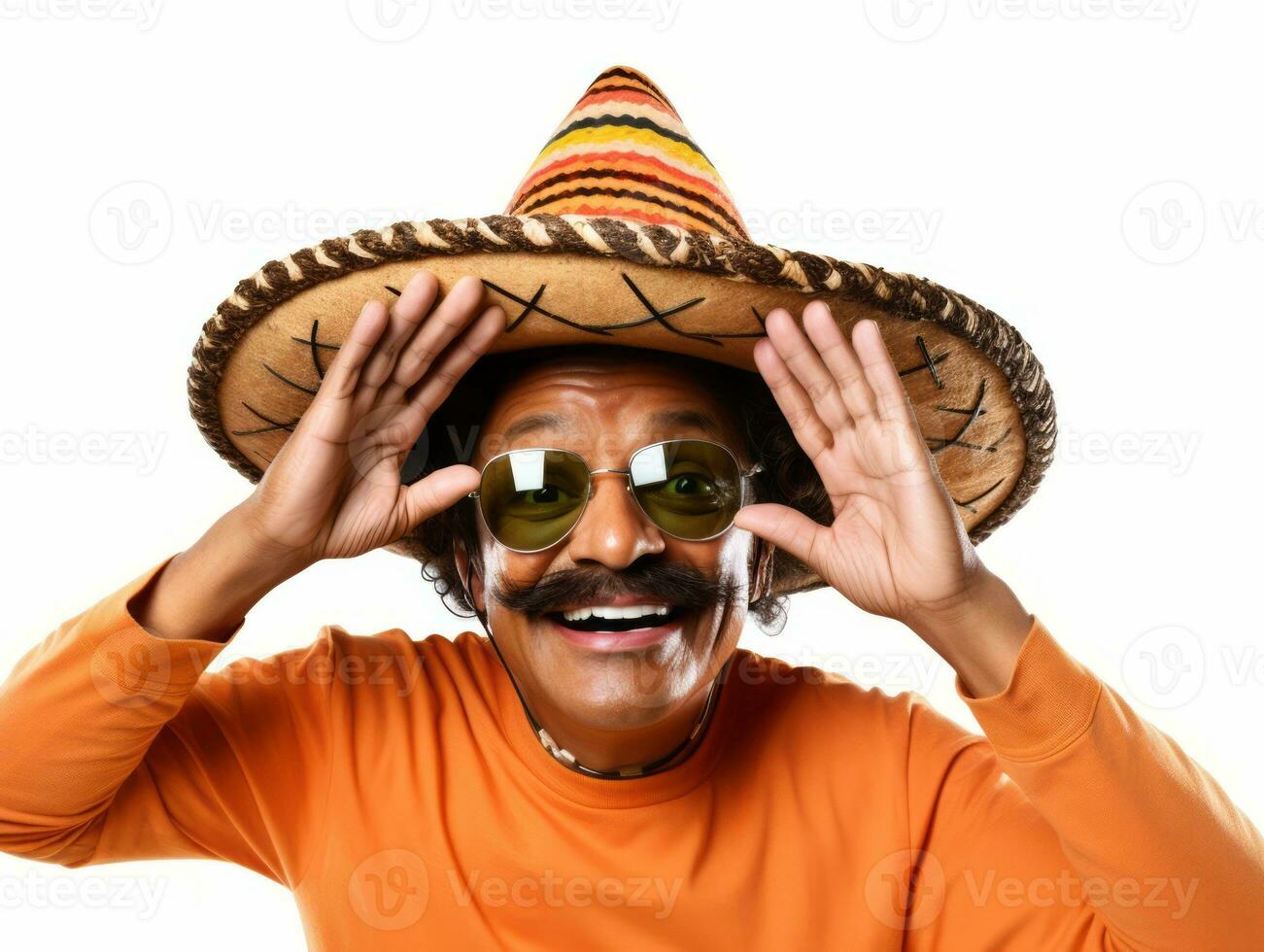 Mexican man in emotional pose on white background AI Generative photo