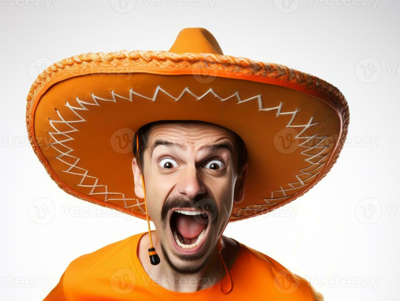Mexican man in emotional pose on white background AI Generative photo