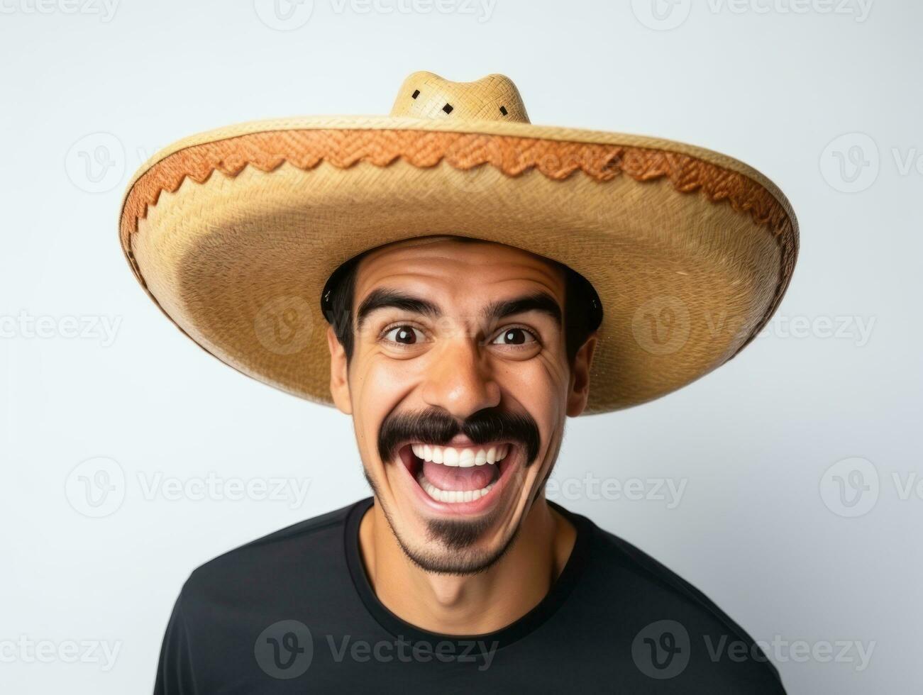 Mexican man in emotional pose on white background AI Generative photo