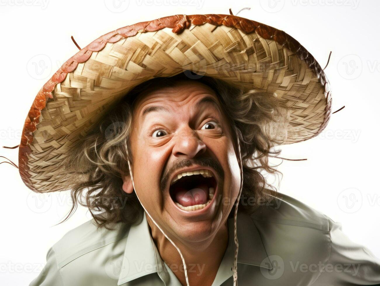 Mexican man in emotional pose on white background AI Generative photo