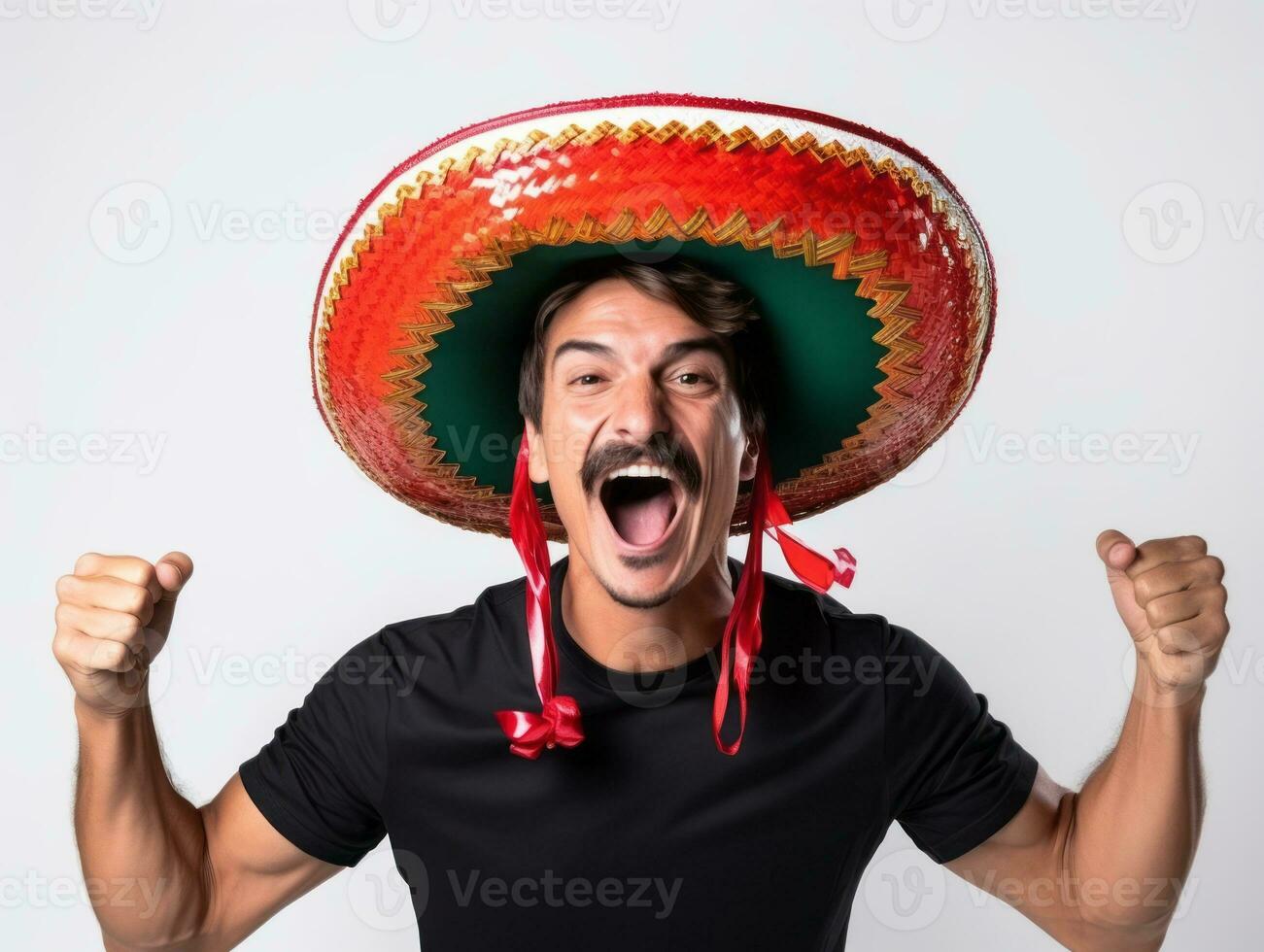 Mexican man in emotional pose on white background AI Generative photo