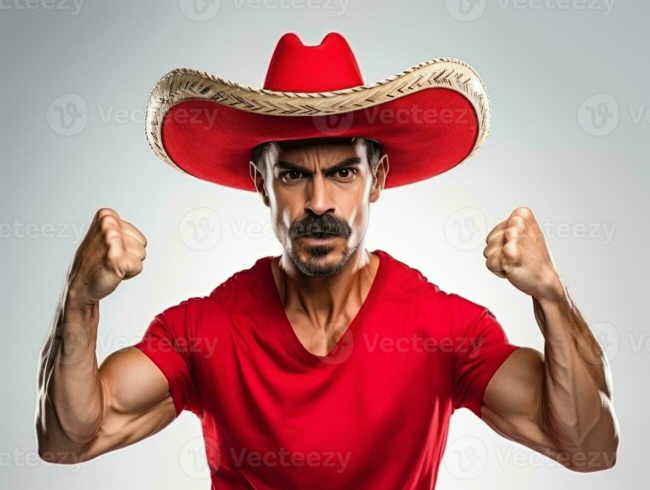 Mexican man in emotional pose on white background AI Generative photo