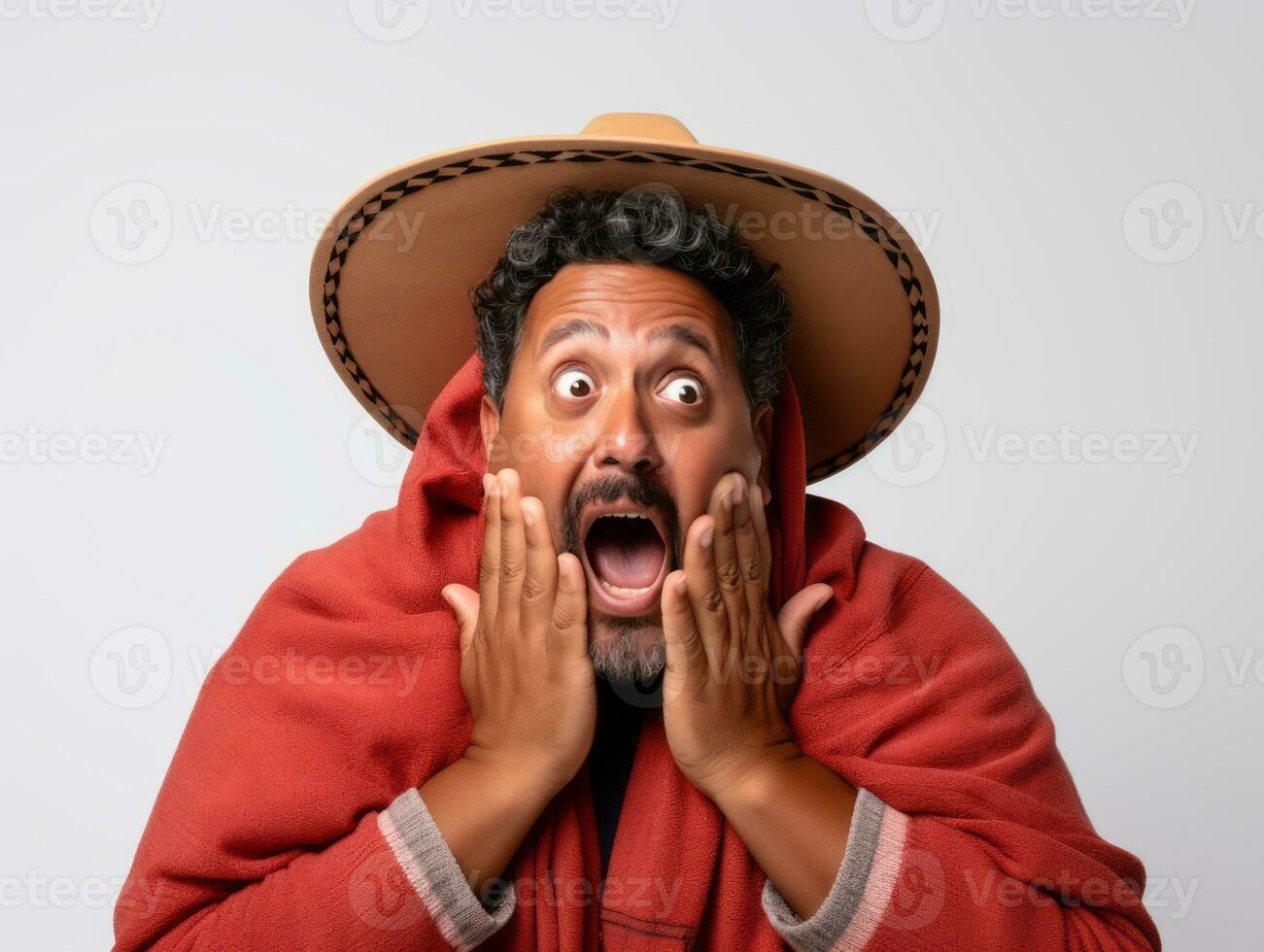 mexicano hombre en emocional actitud en blanco antecedentes ai generativo foto