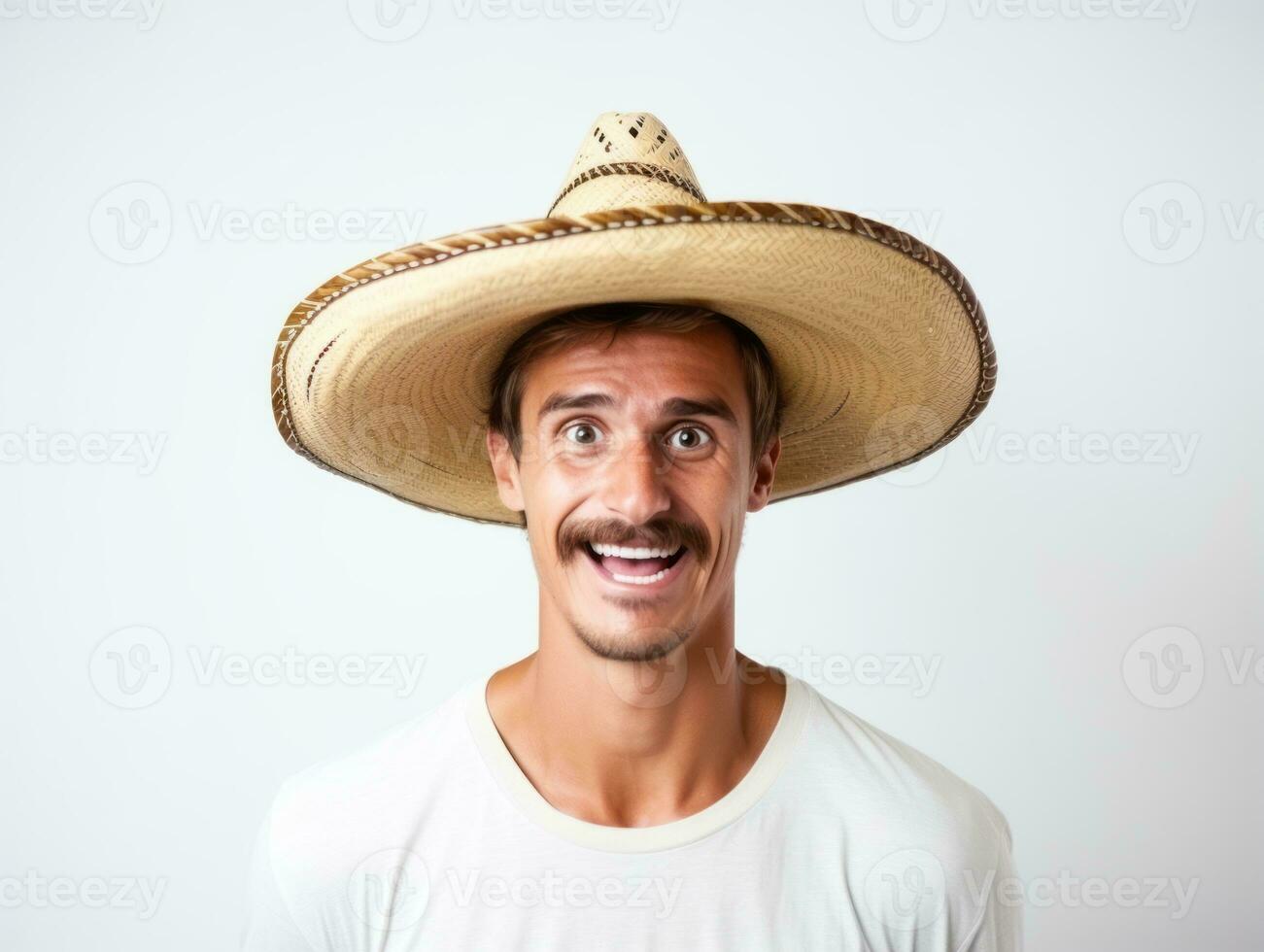 Mexican man in emotional pose on white background AI Generative photo