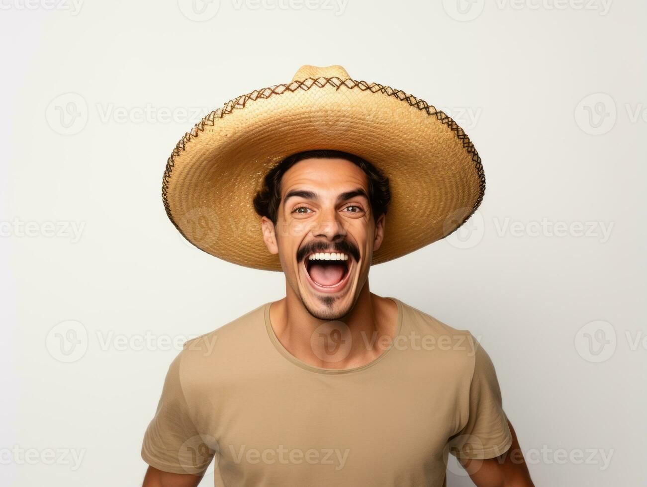 Mexican man in emotional pose on white background AI Generative photo