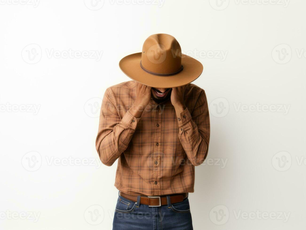 Mexican man in emotional pose on white background AI Generative photo