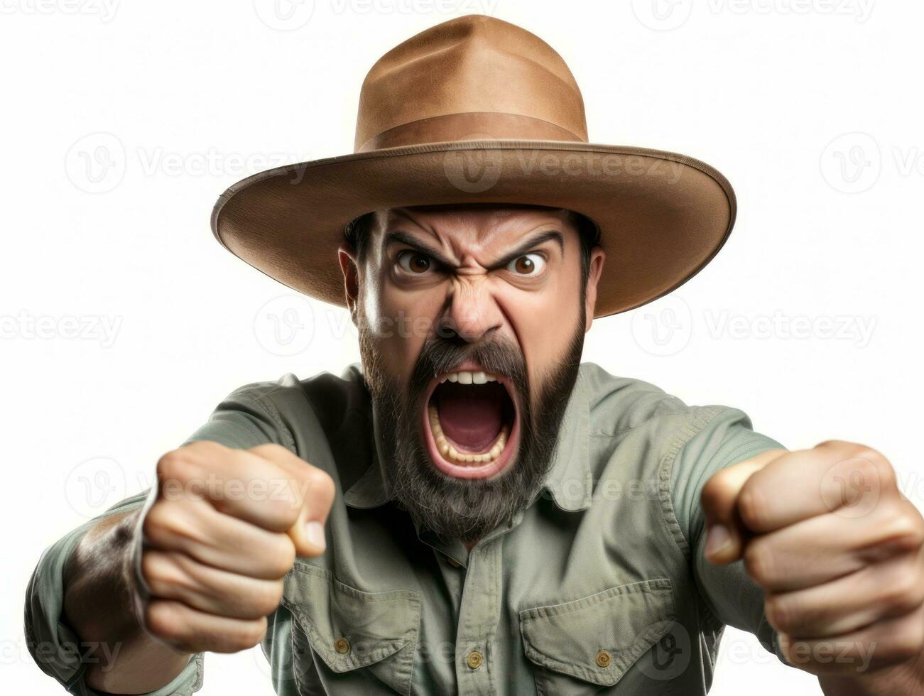 Mexican man in emotional pose on white background AI Generative photo