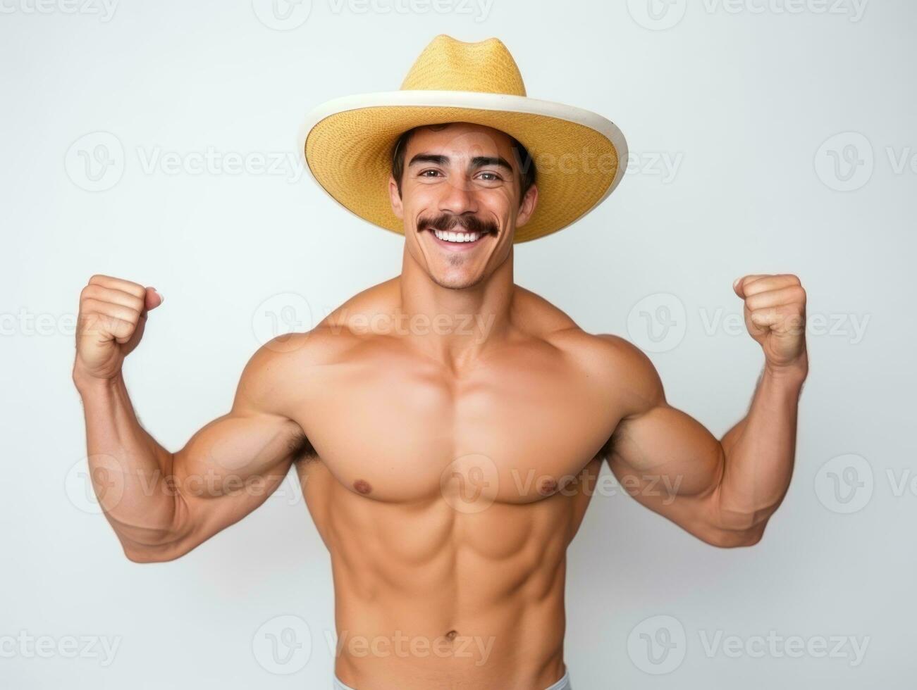 Mexican man in emotional pose on white background AI Generative photo