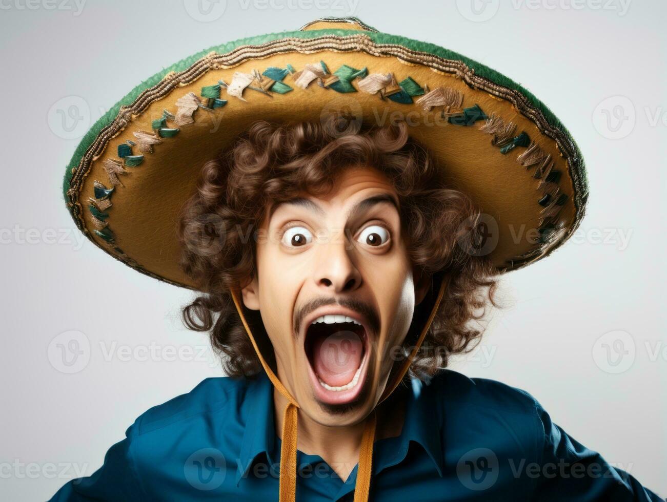 Mexican man in emotional pose on white background AI Generative photo