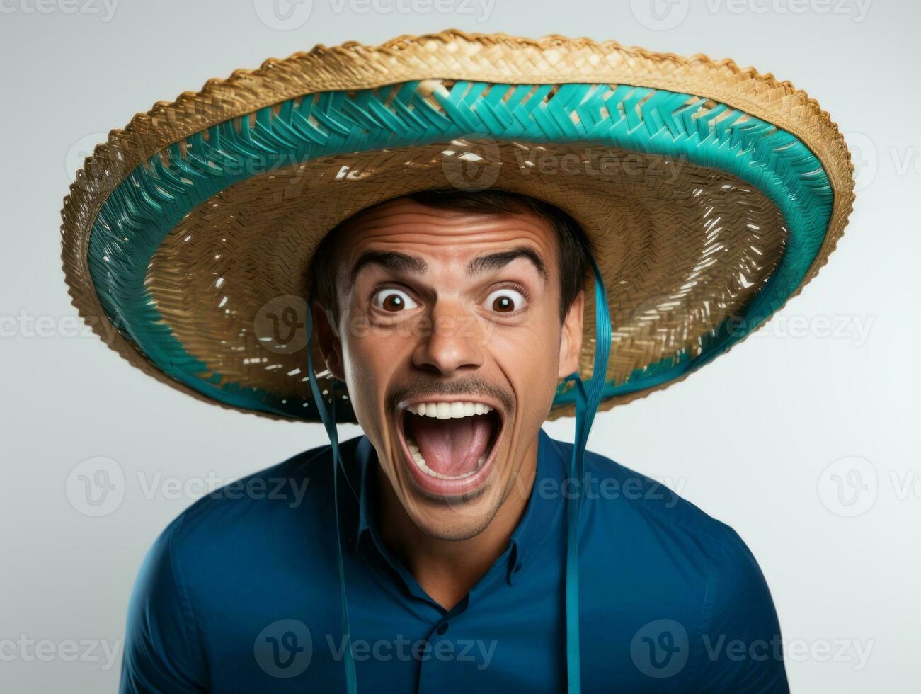 Mexican man in emotional pose on white background AI Generative photo