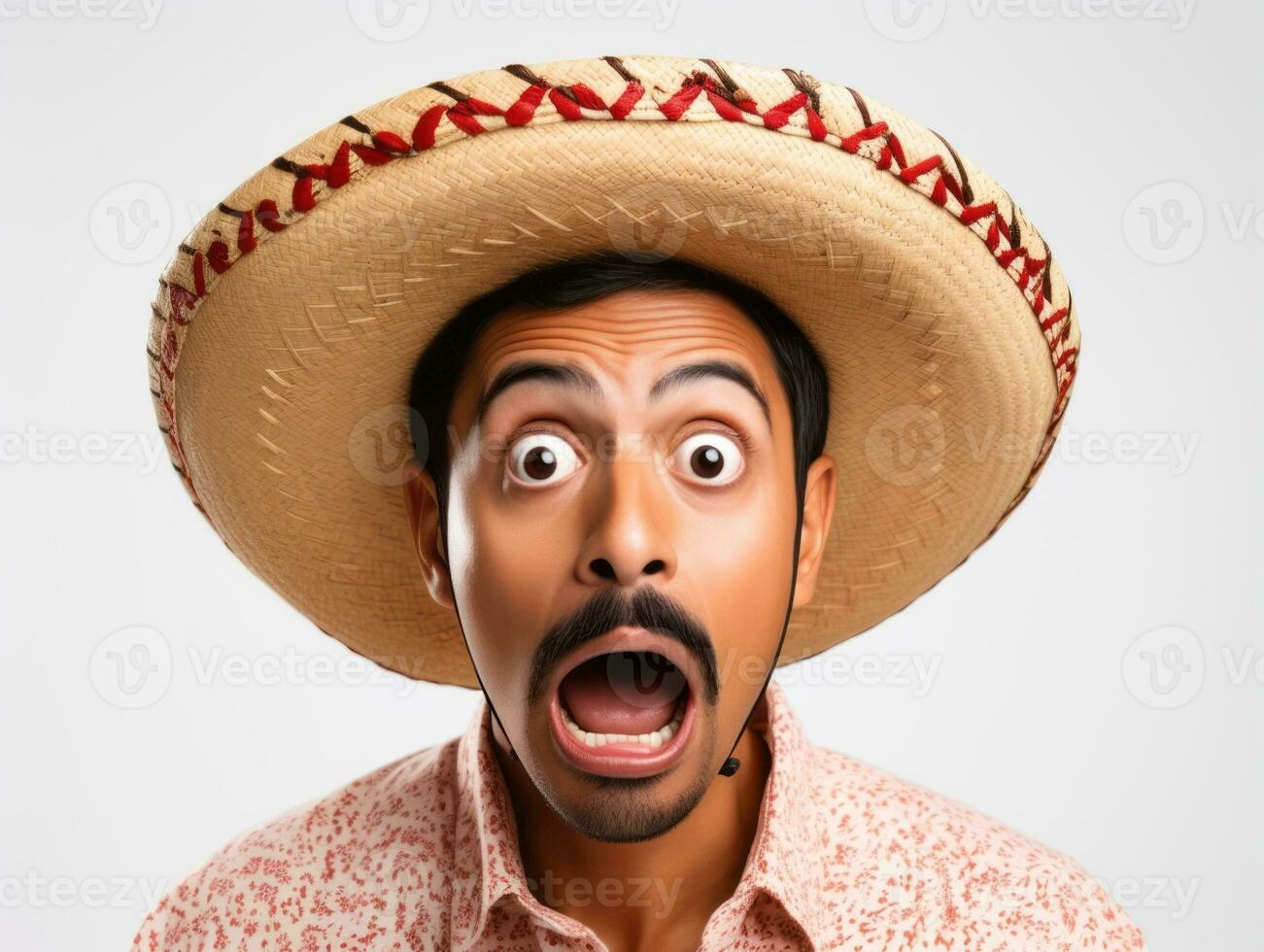 Mexican man in emotional pose on white background AI Generative photo