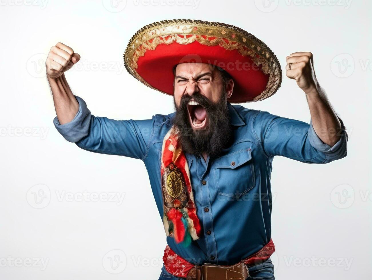 Mexican man in emotional pose on white background AI Generative photo