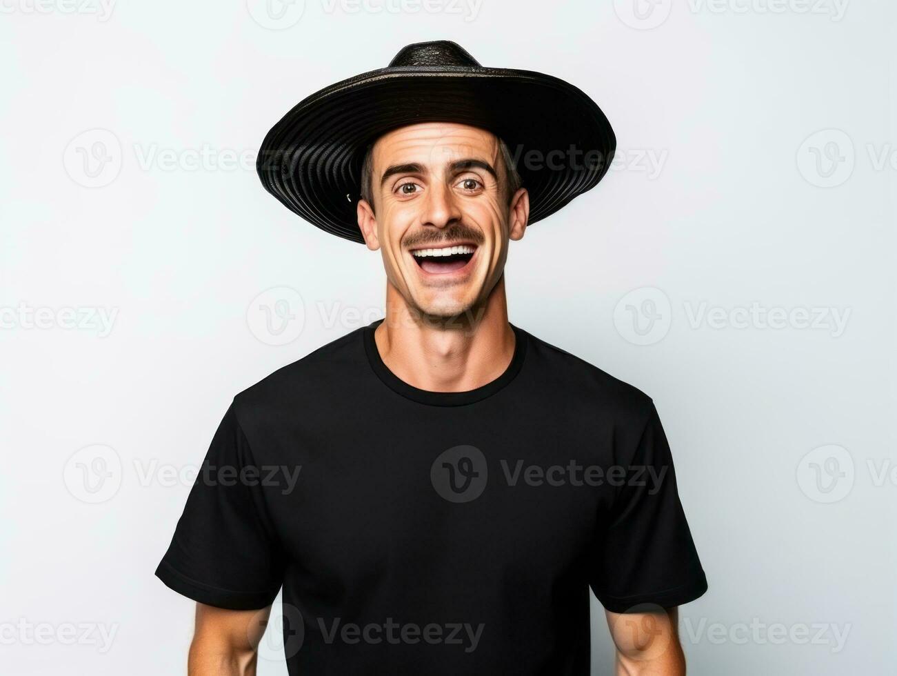 Mexican man in emotional pose on white background AI Generative photo