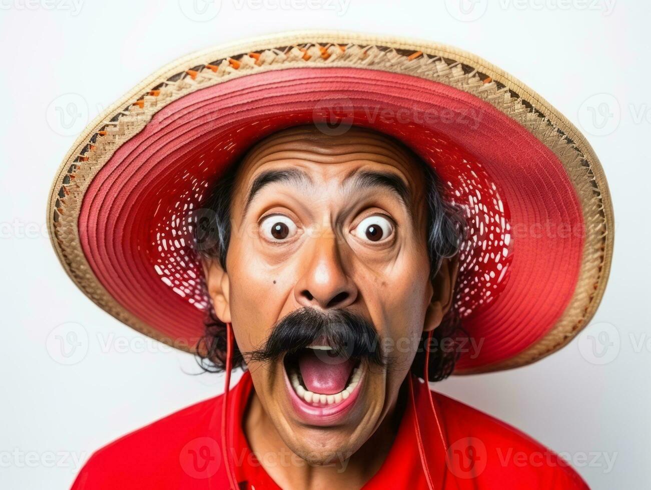 Mexican man in emotional pose on white background AI Generative photo