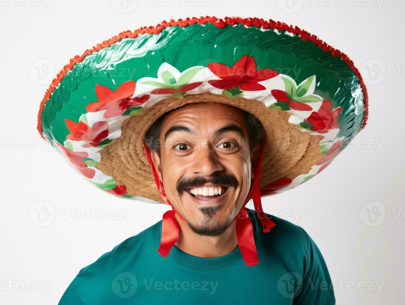 Mexican man in emotional pose on white background AI Generative photo