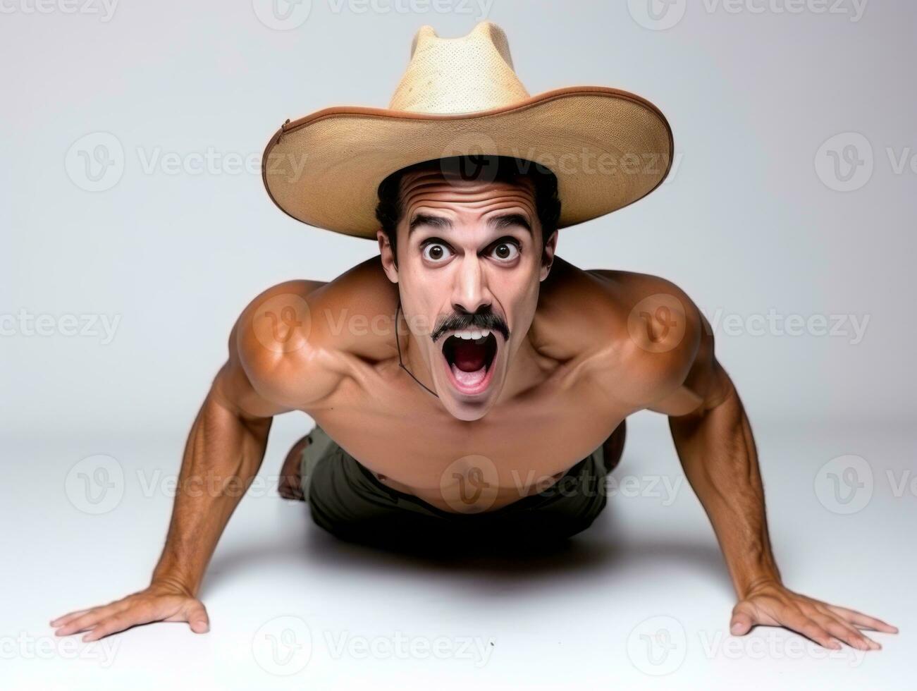 Mexican man in emotional pose on white background AI Generative photo