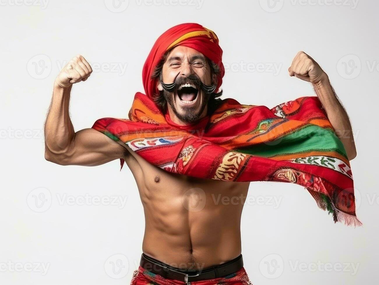 Mexican man in emotional pose on white background AI Generative photo
