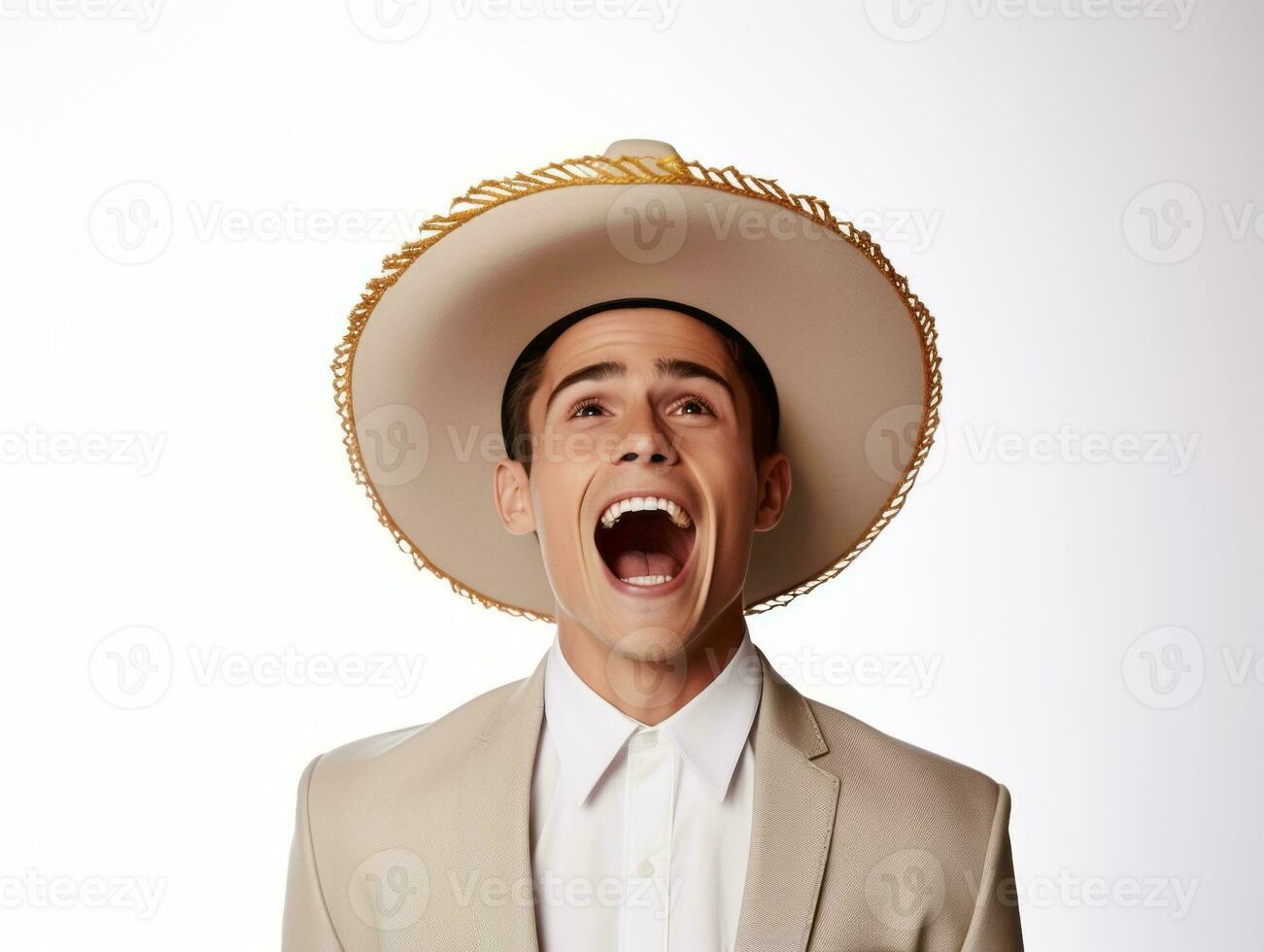 Mexican man in emotional pose on white background AI Generative photo