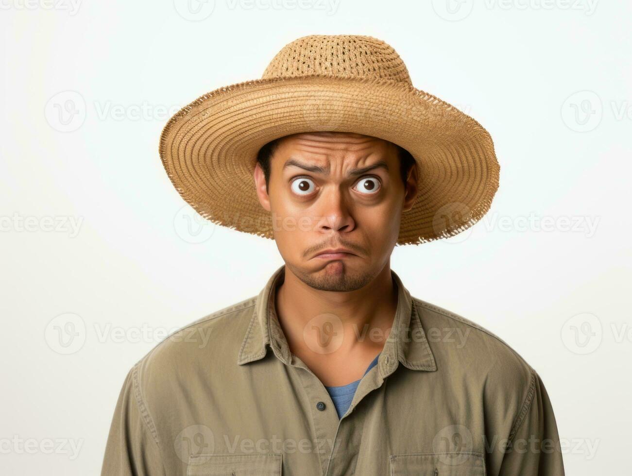 Mexican man in emotional pose on white background AI Generative photo