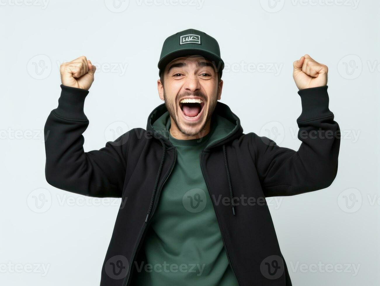 Mexican man in emotional pose on white background AI Generative photo