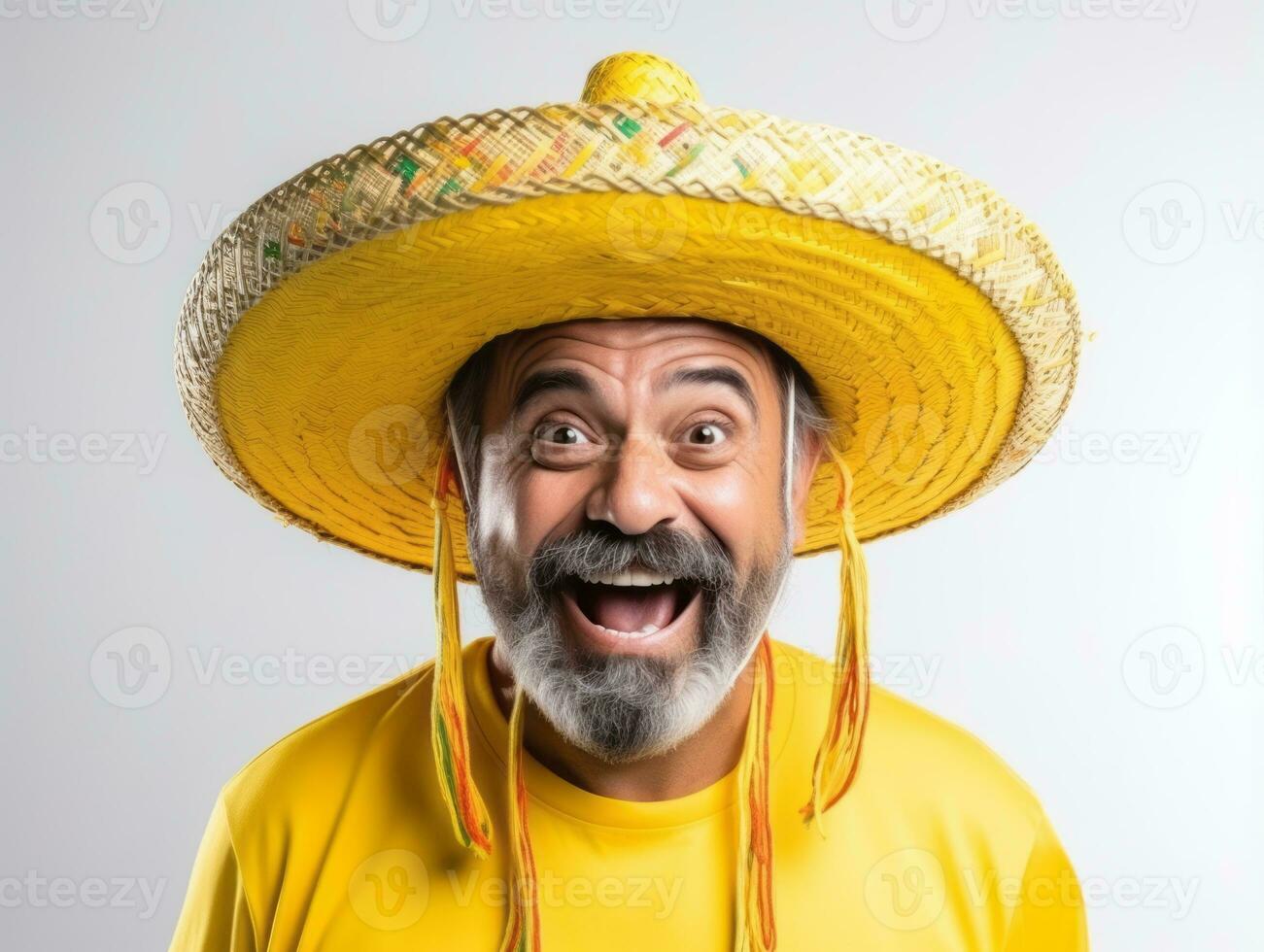 Mexican man in emotional pose on white background AI Generative photo