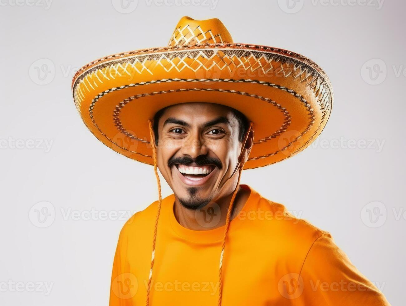 Mexican man in emotional pose on white background AI Generative photo