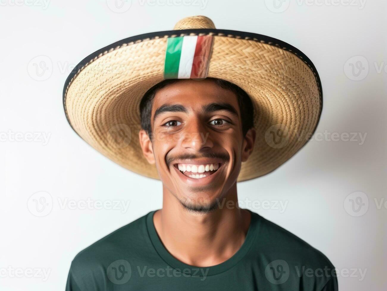 Mexican man in emotional pose on white background AI Generative photo