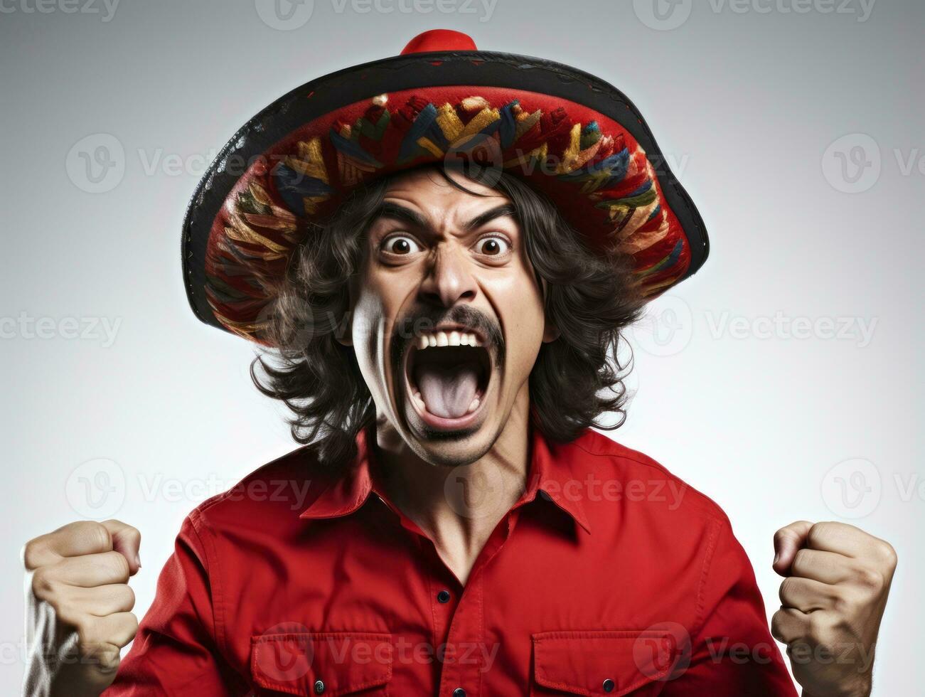 Mexican man in emotional pose on white background AI Generative photo