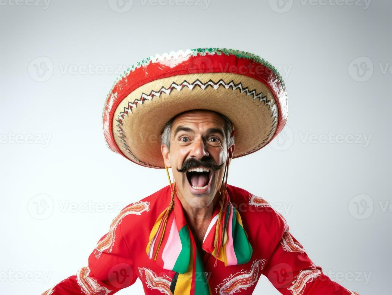 Mexican man in emotional pose on white background AI Generative photo