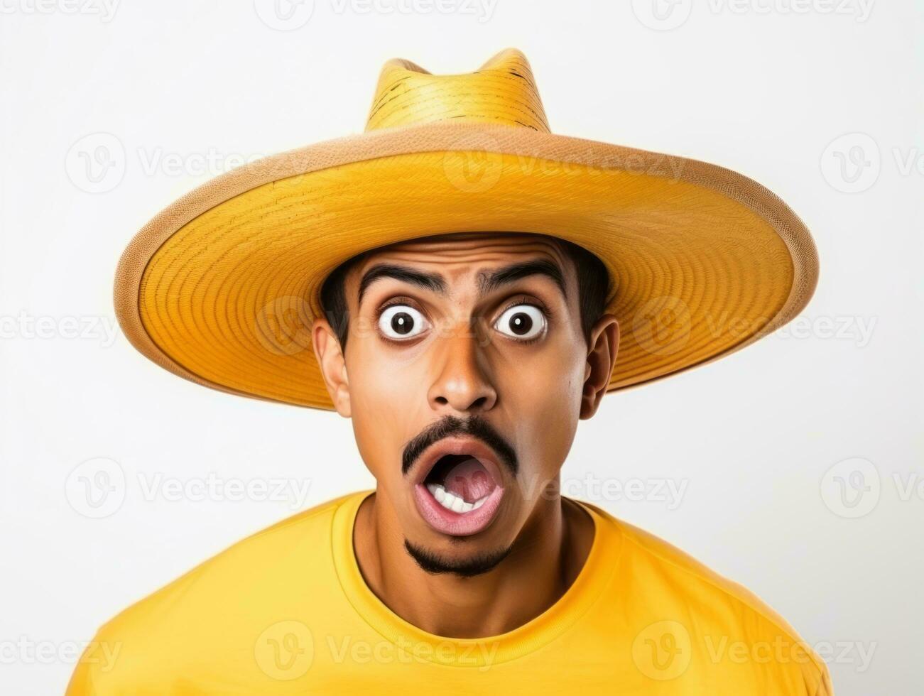 Mexican man in emotional pose on white background AI Generative photo
