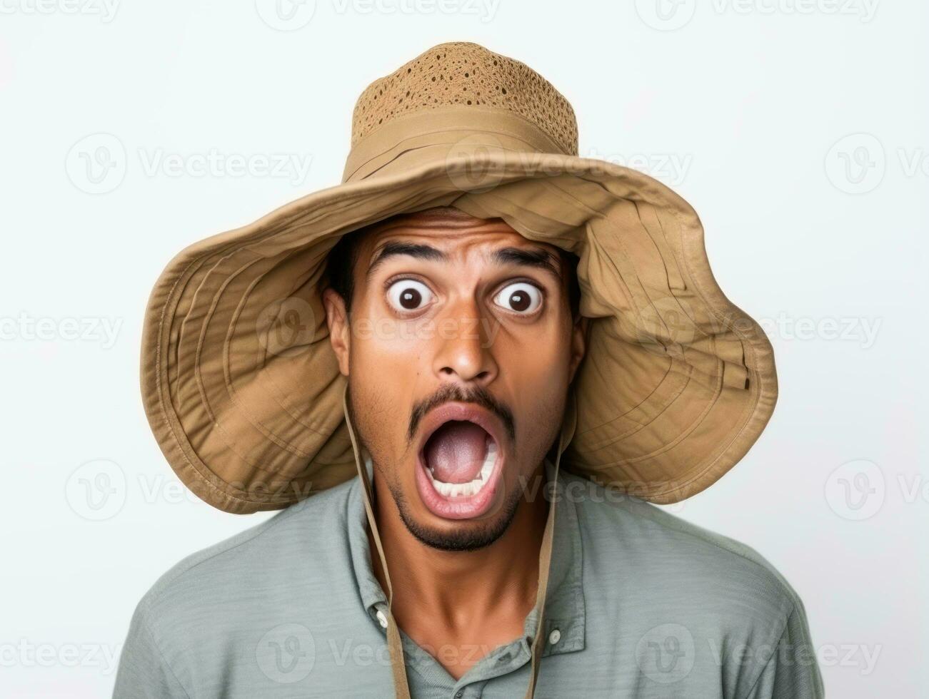 Mexican man in emotional pose on white background AI Generative photo