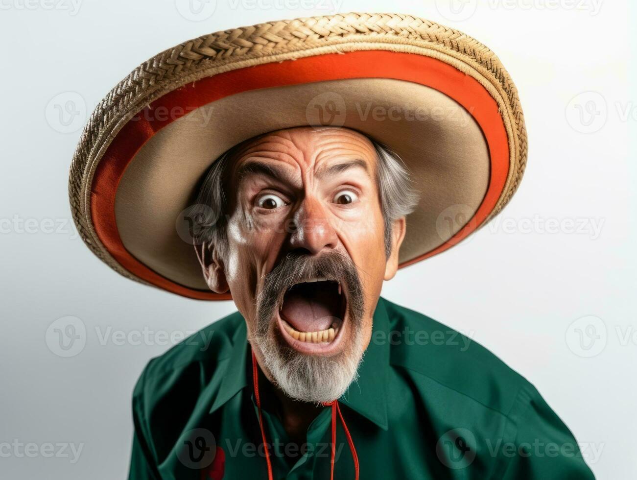 Mexican man in emotional pose on white background AI Generative photo