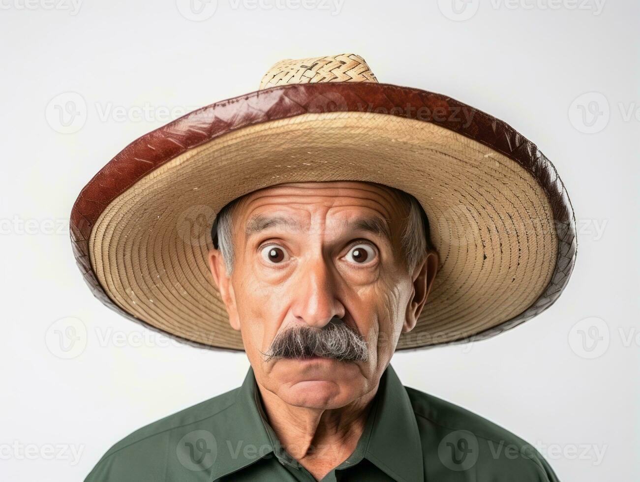 mexicano hombre en emocional actitud en blanco antecedentes ai generativo foto