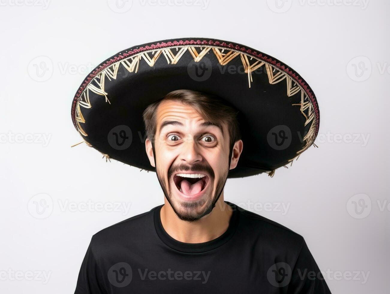 Mexican man in emotional pose on white background AI Generative photo