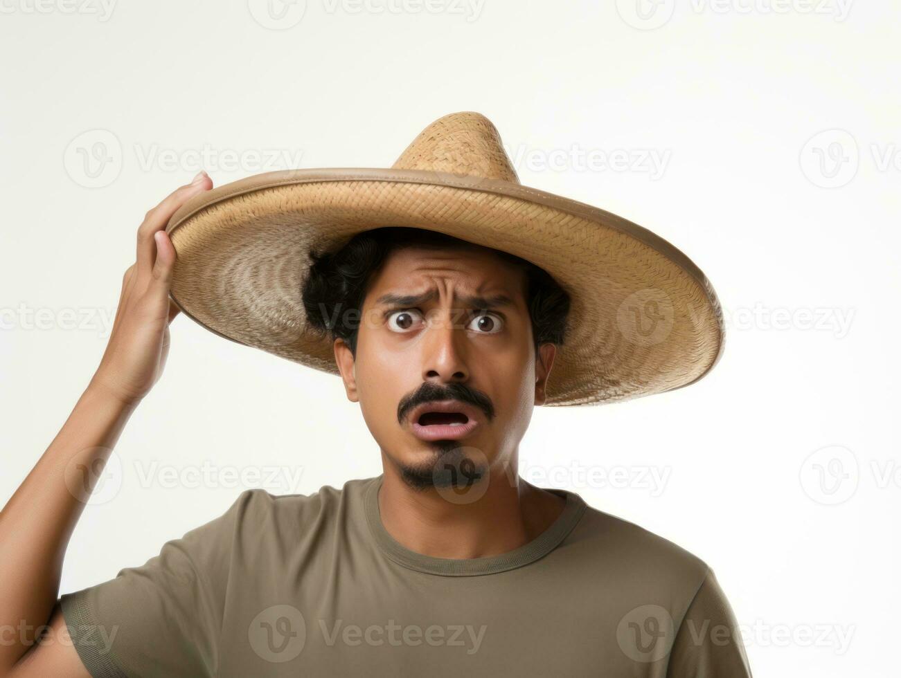 Mexican man in emotional pose on white background AI Generative photo