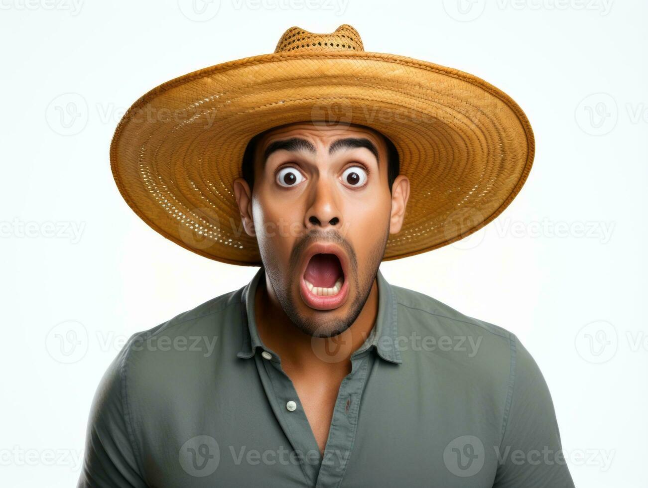 Mexican man in emotional pose on white background AI Generative photo