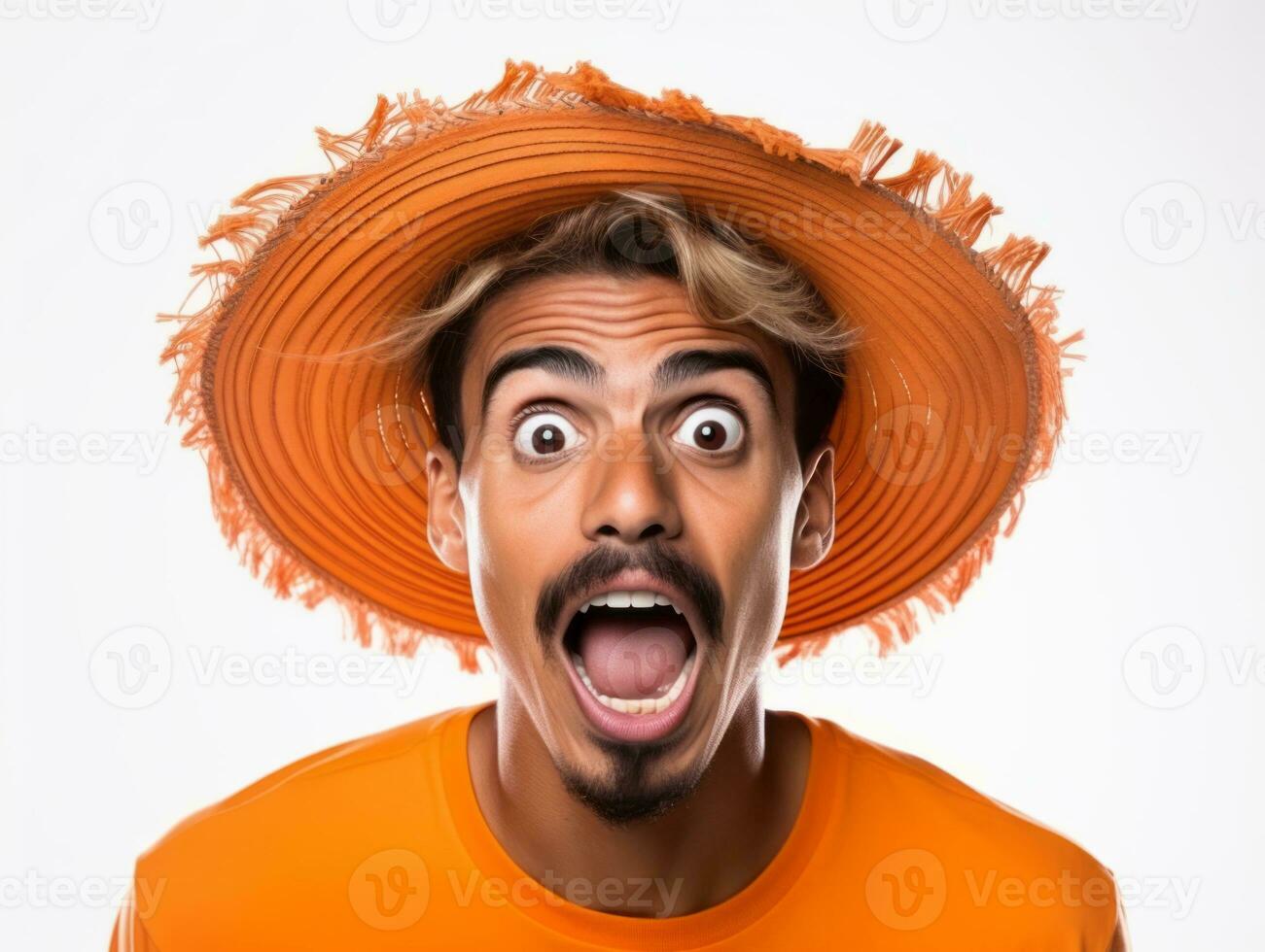 Mexican man in emotional pose on white background AI Generative photo