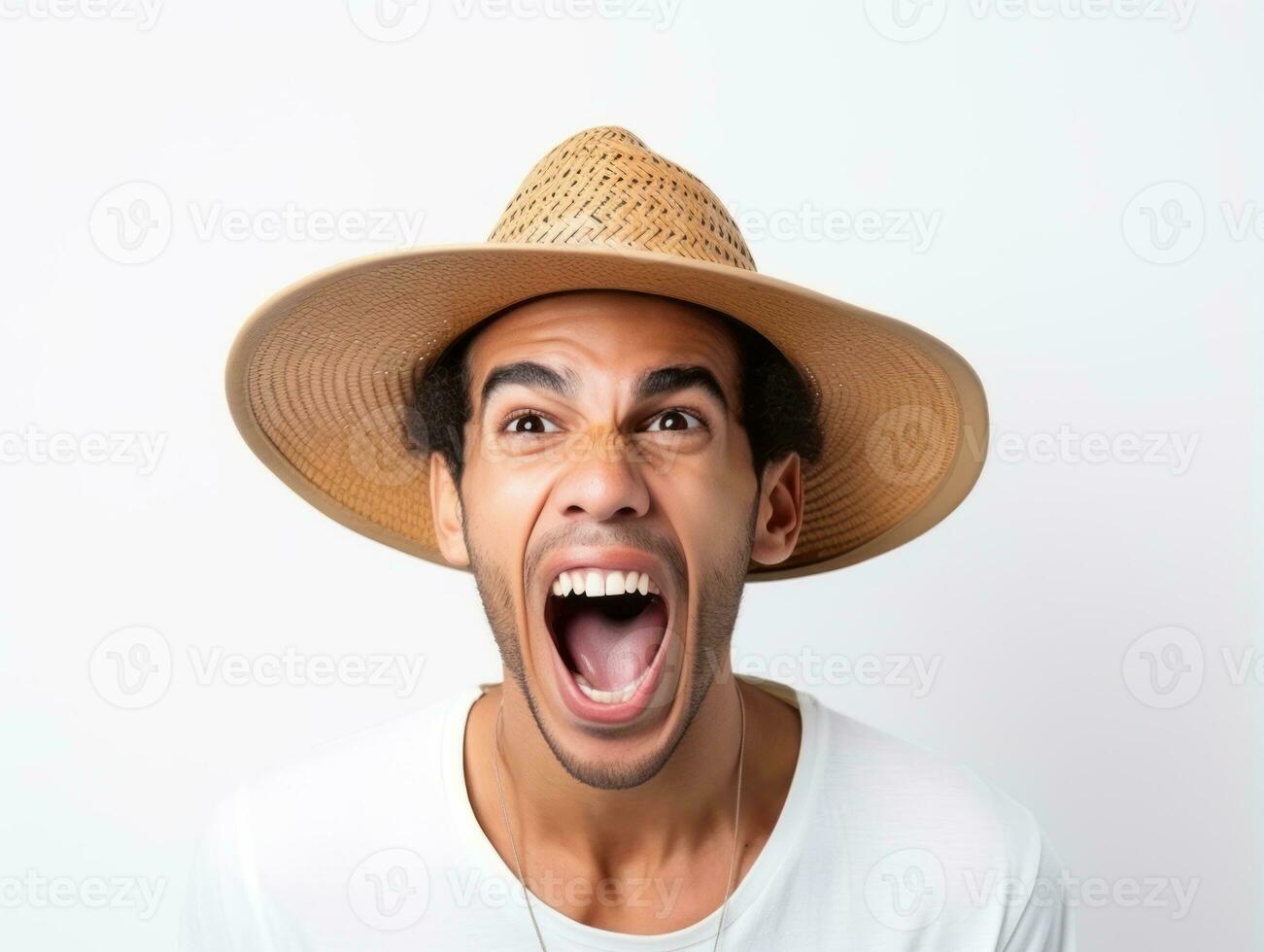 Mexican man in emotional pose on white background AI Generative photo